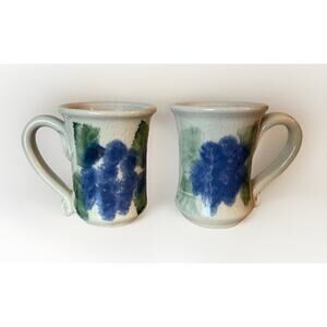 2 Chatham Art Pottery Stoneware Hydrangea Large Coffee Mugs Signed Gill Wilson